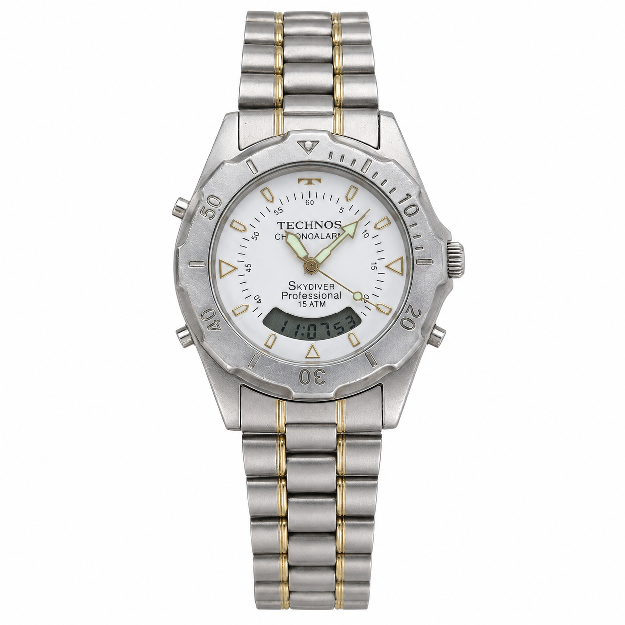Technos Skydiver analógico-digital com mostrador branco e detalhes dourados
